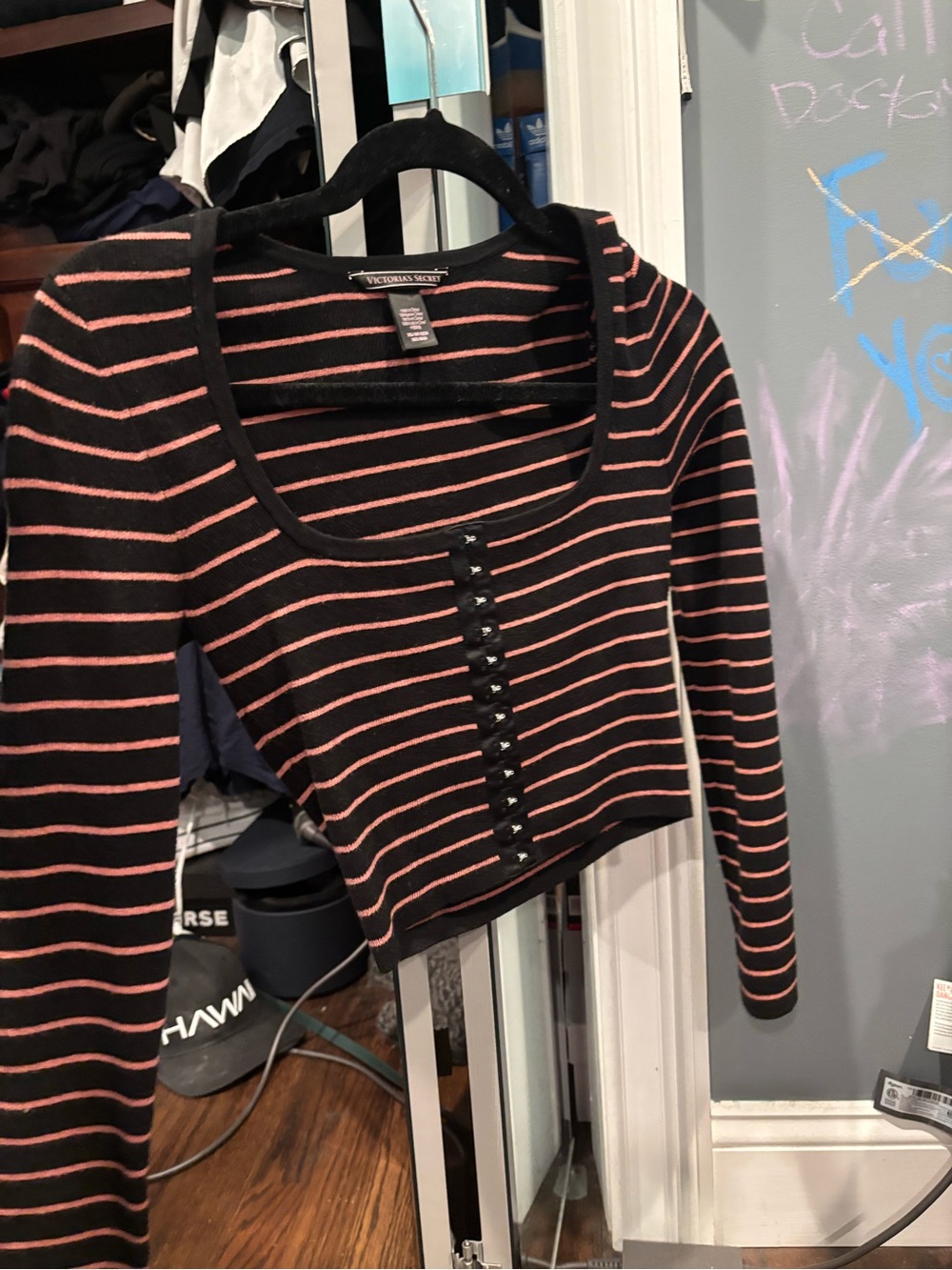 Victoria's Secret Black Cropped Long Sleeve Top with Pink Stripes